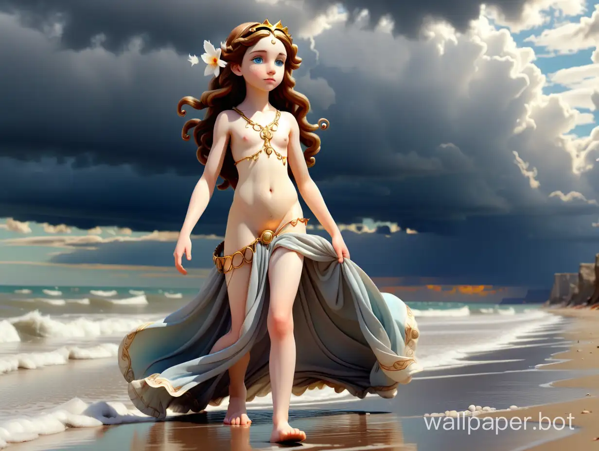 Venus, a beautiful girl goddess, 12 years old, walks at full length along the seashore under a cloudy sky