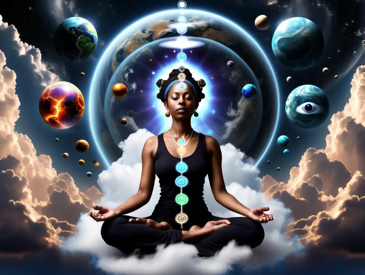 Seer woman meditating on  clouds with planets, third eye and chakra symbols realistic ve surrealistic, woman is black, meditation, soul travel