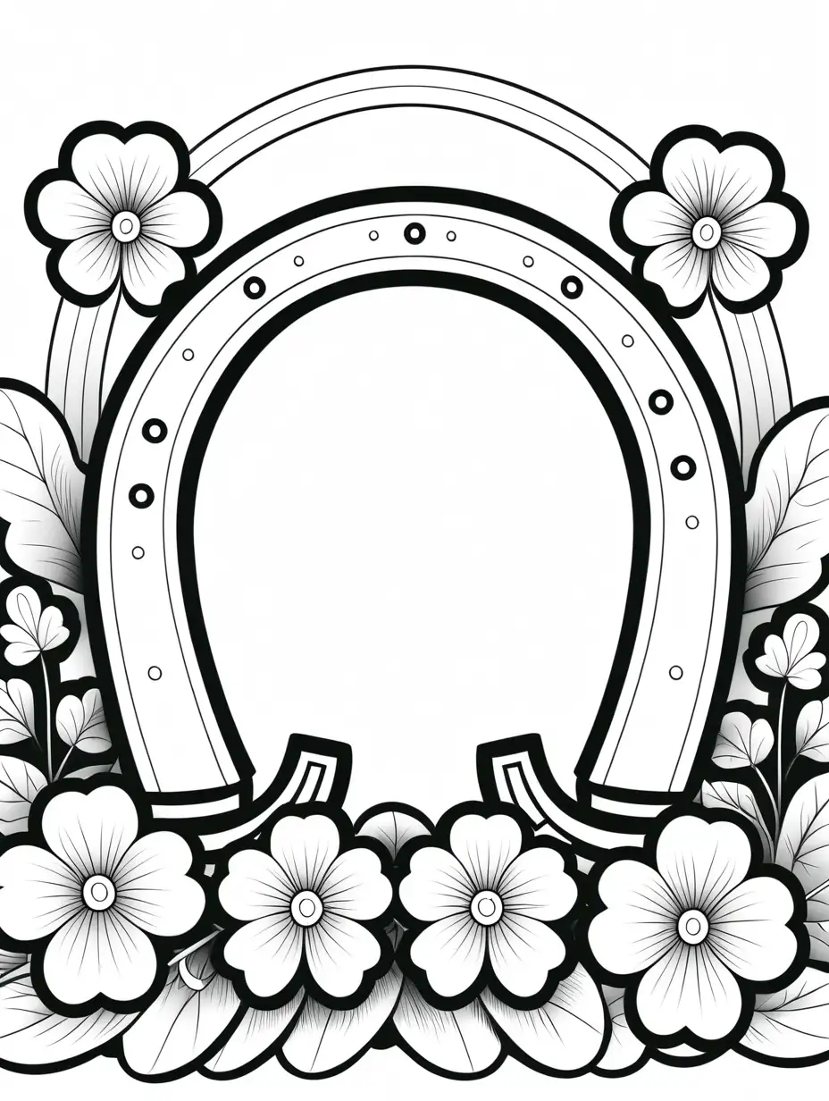 kids coloring page, thick simple lines, black and white,  large inverted  lucky horseshoe sitting on a bed of clover