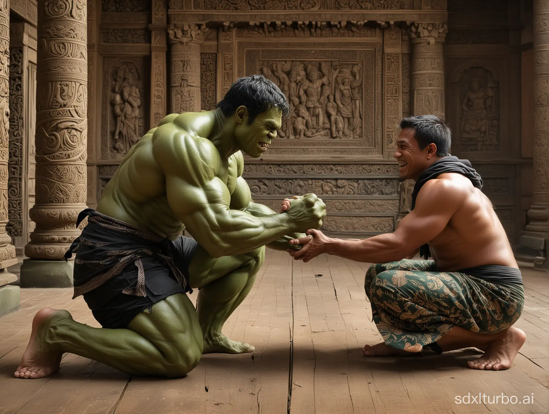 HULK bowed while crying, his tears flowing freely and pooling on the floor, with his legs bent on the floor and his hands shaking hands with a 30-year-old Indonesian man wearing a black hoodie with the inscription "Cak Wanto", wearing a green-patterned sarong. The man sat on a carved wooden bench while stroking the head of the crying Hulk. The background is a Javanese palace room with carved wood