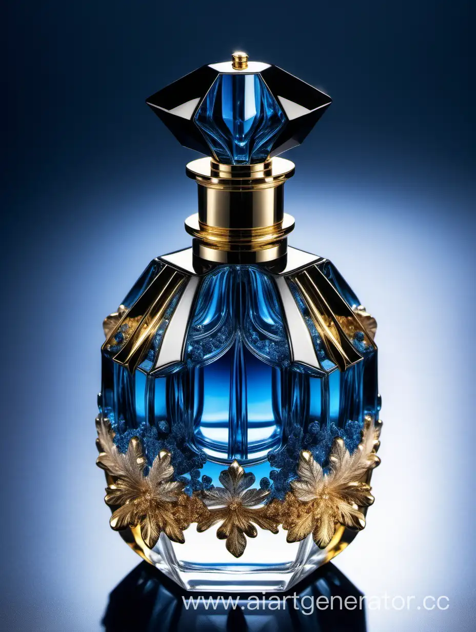 Elegant-Crystal-Clear-Perfume-Bottle-in-Blue-Black-and-Gold-Transparency