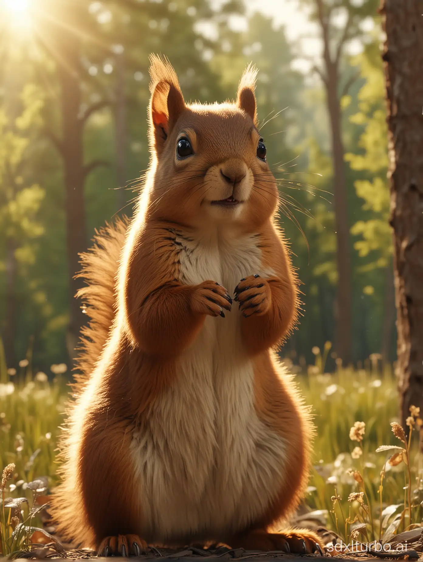 3D rendering, summer, a squirrel stands in the forest, brown fur, tears in its eyes, looking pitifully, (prairie background), small body, dappled sunlight, cinematic effects, adding details,