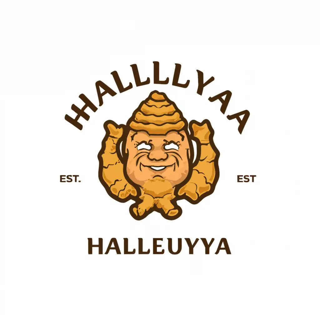 a logo design,with the text "Halleluya", main symbol:a ginger root in the shape of a grumpy old lady´s face,complex,be used in Restaurant industry,clear background