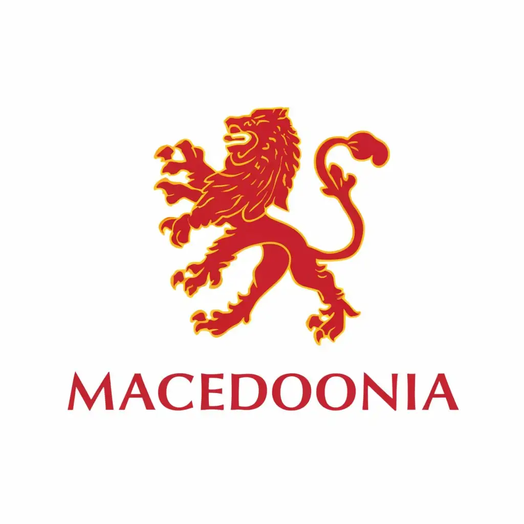 a logo design,with the text "MACEDONIA", main symbol:Lion with red and yellow color,Moderate,clear background