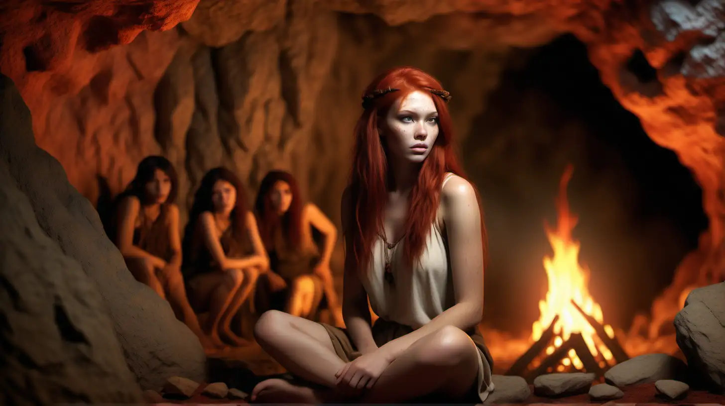create a realistic image of the same beautiful young woman with her red hair down, sitting among the Stone Age natives in a cave by the fire, as if she had been transported in time