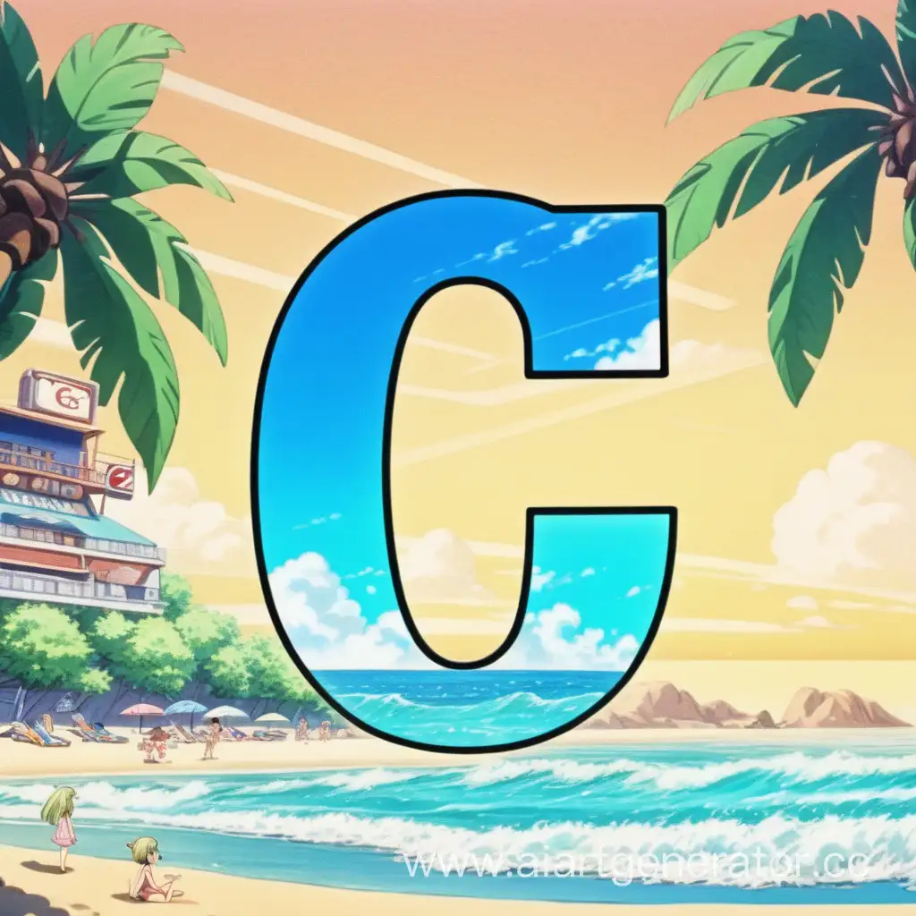 буква С на фоне аниме пляжа
