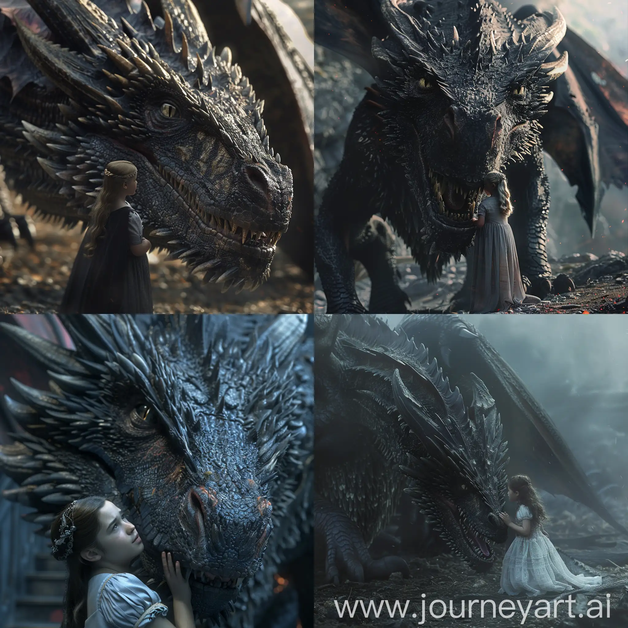Balerion, black terror dragon with a princess 10 years old hide him. The dragon is huge. Cinematic, 8k, cinematographic, arri alexa 65