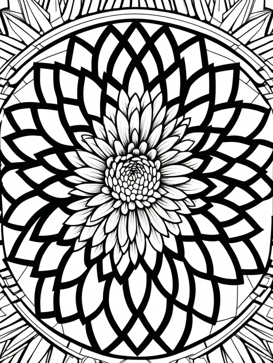 chrysanthemum, geometric, adult coloring page, black and white, clean lines