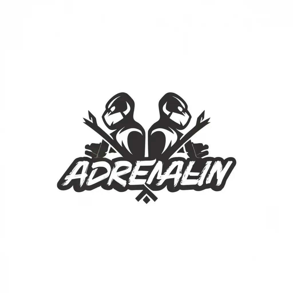 a logo design,with the text "ADRENALIN", main symbol:two black people in Valorant style wearing masks in black and white tones,complex,clear background