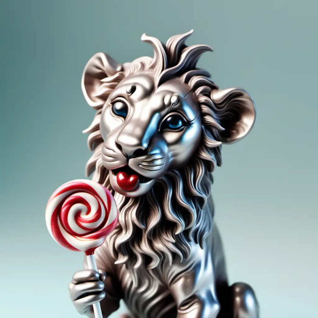 Picture a surreal candy realm where a precious hairless lion prowls playfully. Soft silver hues of mesmerizingleathery-toned skin crafted within exquisite attention to detail. At the heart of this enchanting scene, the lion relaxes serenely, savoring a scrumptious lollipop, lollypop stem hanging from mouth.