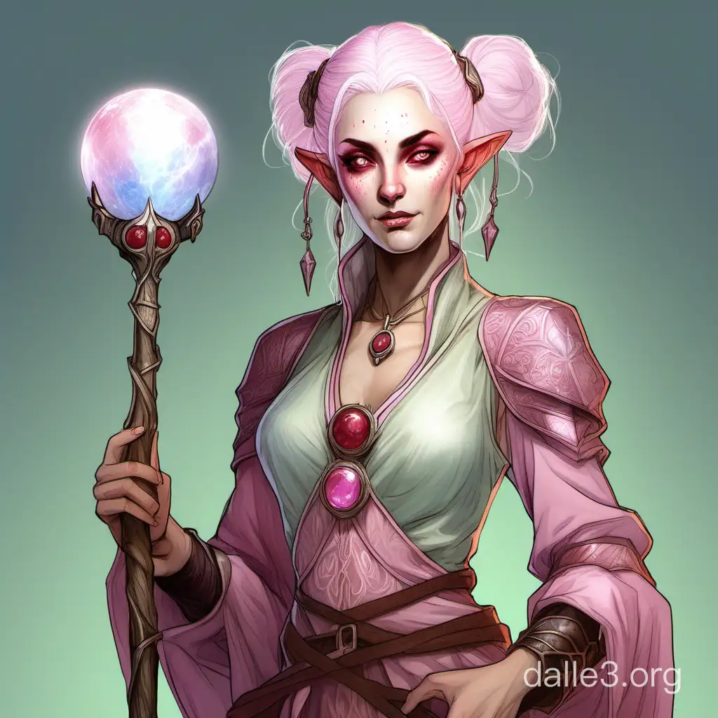 an eladrin wizard, she has silvery pale pink hair in two buns, pale green skin, lots of freckles and rasperry red eyes. She's holding a staff with a moonstone gem at the top and wearing a lace blouse.