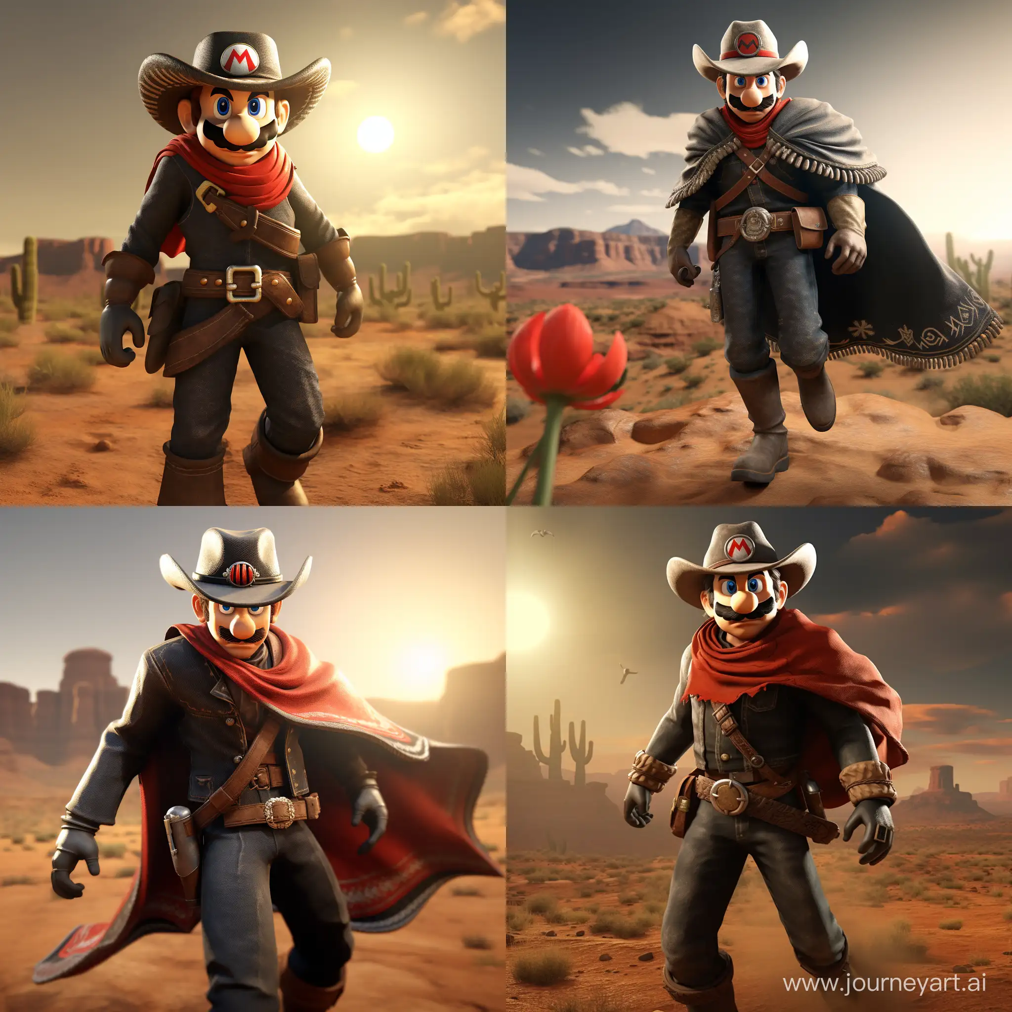 Super Mario dressed as a cowboy from Red Dead Redemption, Mario has a pancho, a cowboy hat, boots, cowboy look, wild west, black coat, boots, motion picture shot