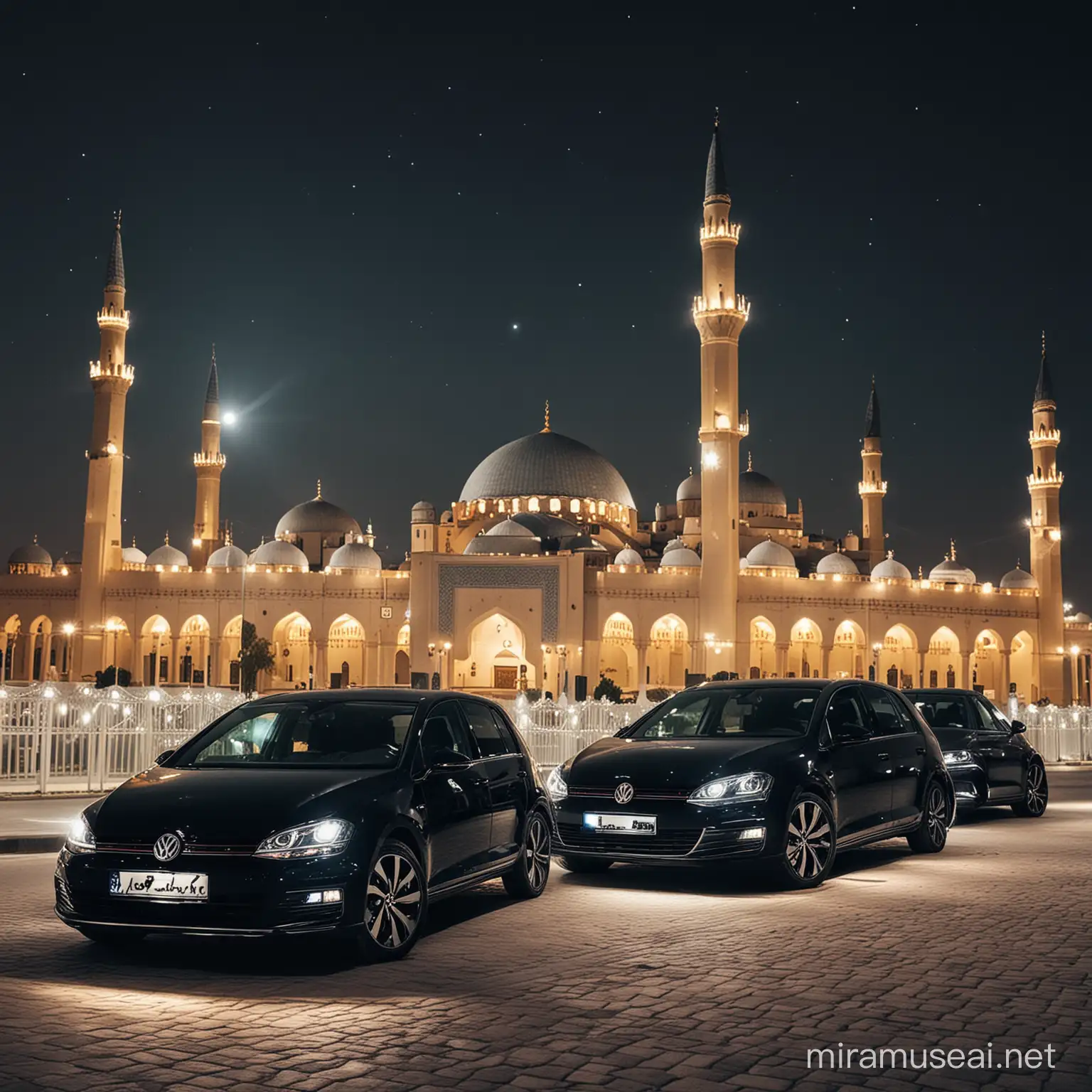 make a car rental post for Eid Mubarak night, let it be with mosque with some interesting lights and wolsfagen golf car parked there, with black colors