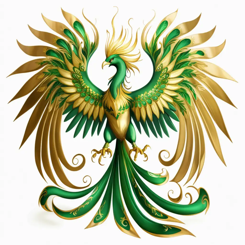 majestic, green and gold phoenix, on white background