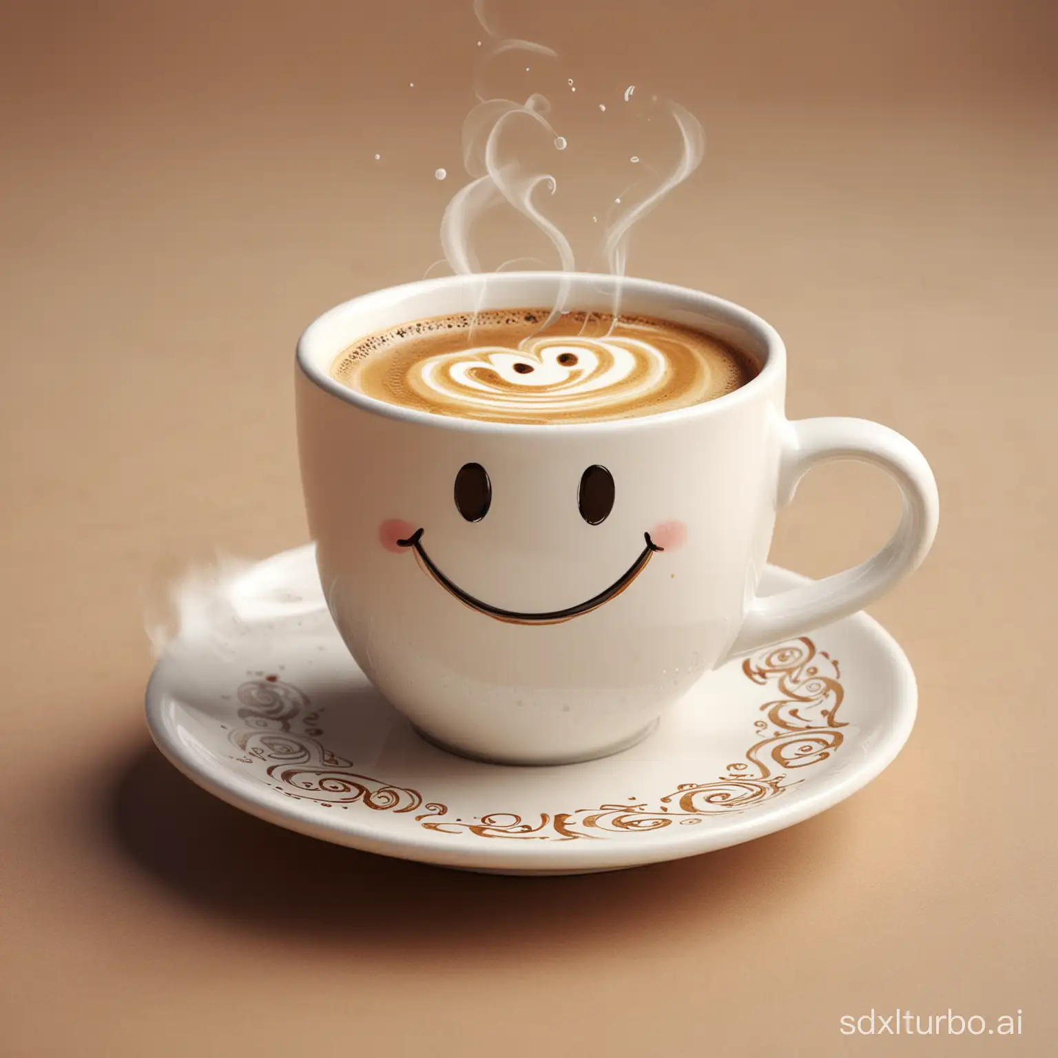 A delightful, whimsical illustration of a classic coffee cup, personified with a happy, smiley face. The cup's face is adorned with shiny white teeth, giving a sense of joy and cheerfulness. The cup is supported by a saucer, which has a playful design of swirls and lines. The background is a warm and cozy café, with white steam up, with text "Zhang Jing" on the cup, 3D effect.