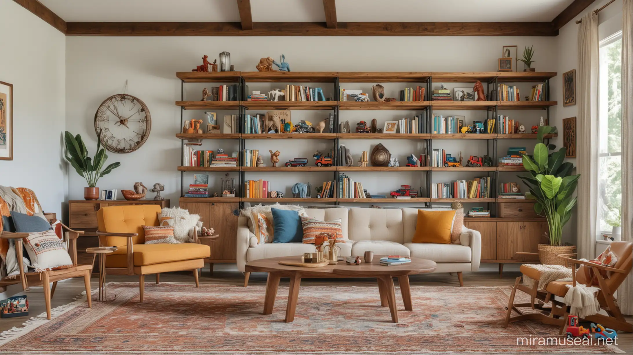 mid-century bohemian rustic family room with toys and bookshelves
