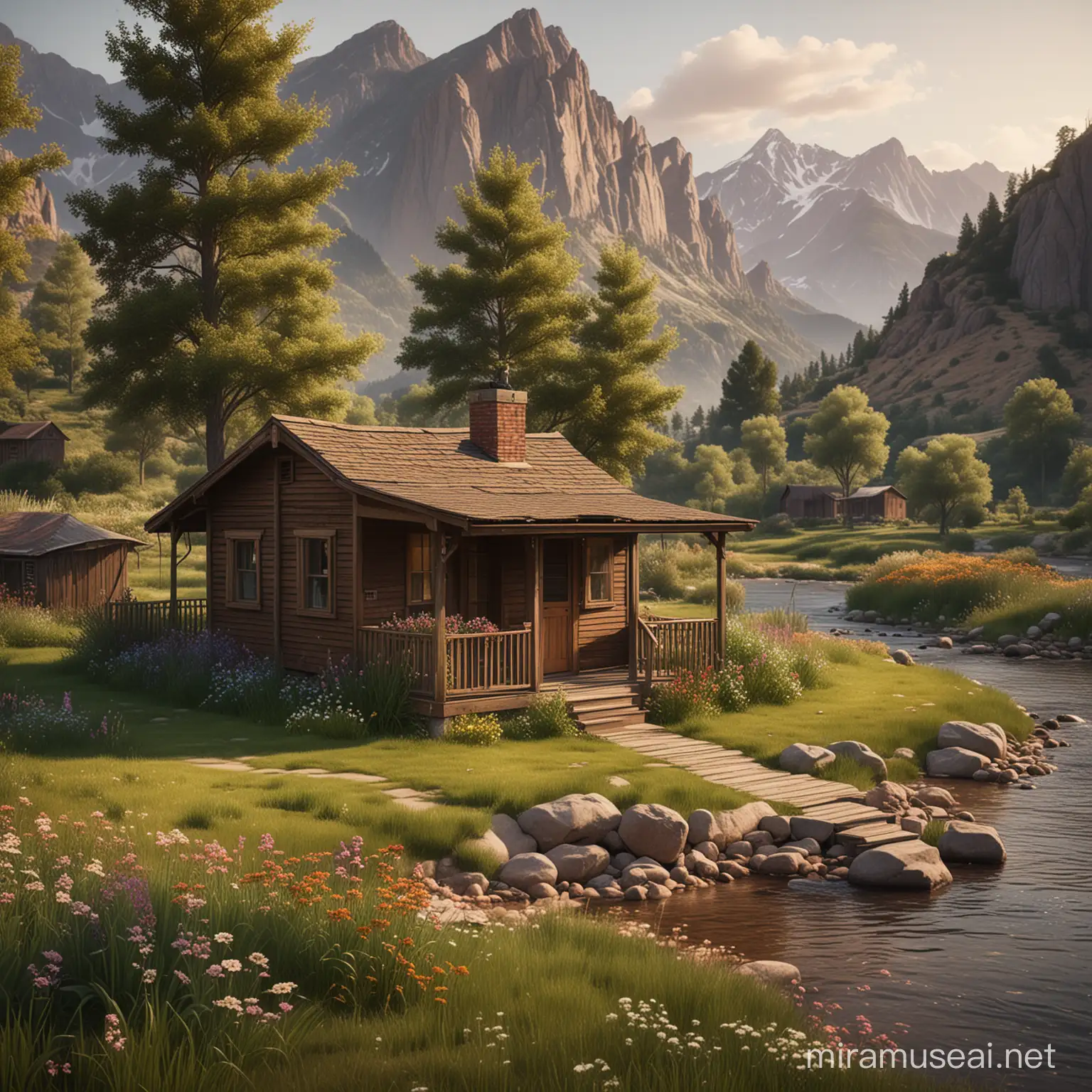 A small brown shack with a small front porch that has a river in the front left of the property and mountains in the background and trees along the river and flowers in bunches through the grass style: realistic, cinematic lighting, moody, in the style of Christopher Doyle 