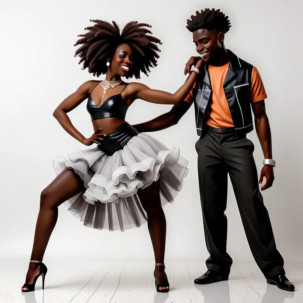 Young short black couple dressed to dance at a party with a white background