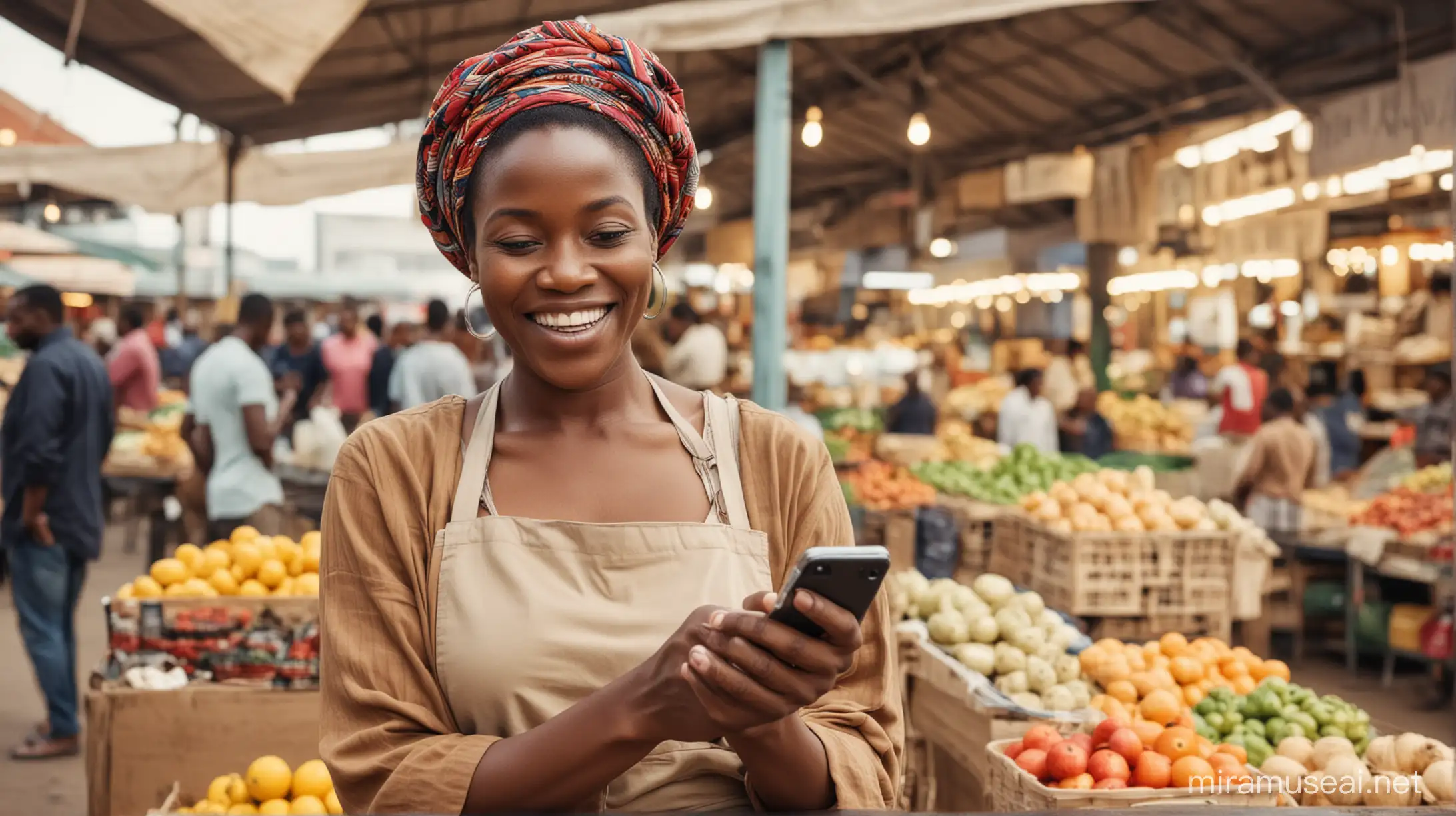 Mature African vendor reading text message on mobile phone with happy look on her face at the market