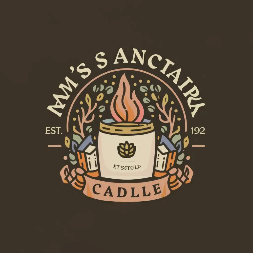 a logo design,with the text "Mom's Sanctuary Candle", main symbol:Subtitle: "From Chaos to Calm Collection"

Tagline: "Where chaos meets serenity"

Additional Text: "Infused with the essence of a peaceful haven"

Background: Warm, inviting colors like soft yellows or earthy tones, creating a sense of coziness.

Font: Relaxed yet stylish font for the title and subtitle, perhaps with a handwritten or cursive style to add a personal touch.

Graphic Elements: A simple illustration of a burning candle in the center, surrounded by elements of comfort and relaxation, such as a soft blanket draped over the sofa or a stack of books nearby. You could also include subtle floral accents or delicate swirls to evoke a sense of tranquility.,Moderate,be used in Beauty Spa industry,clear background