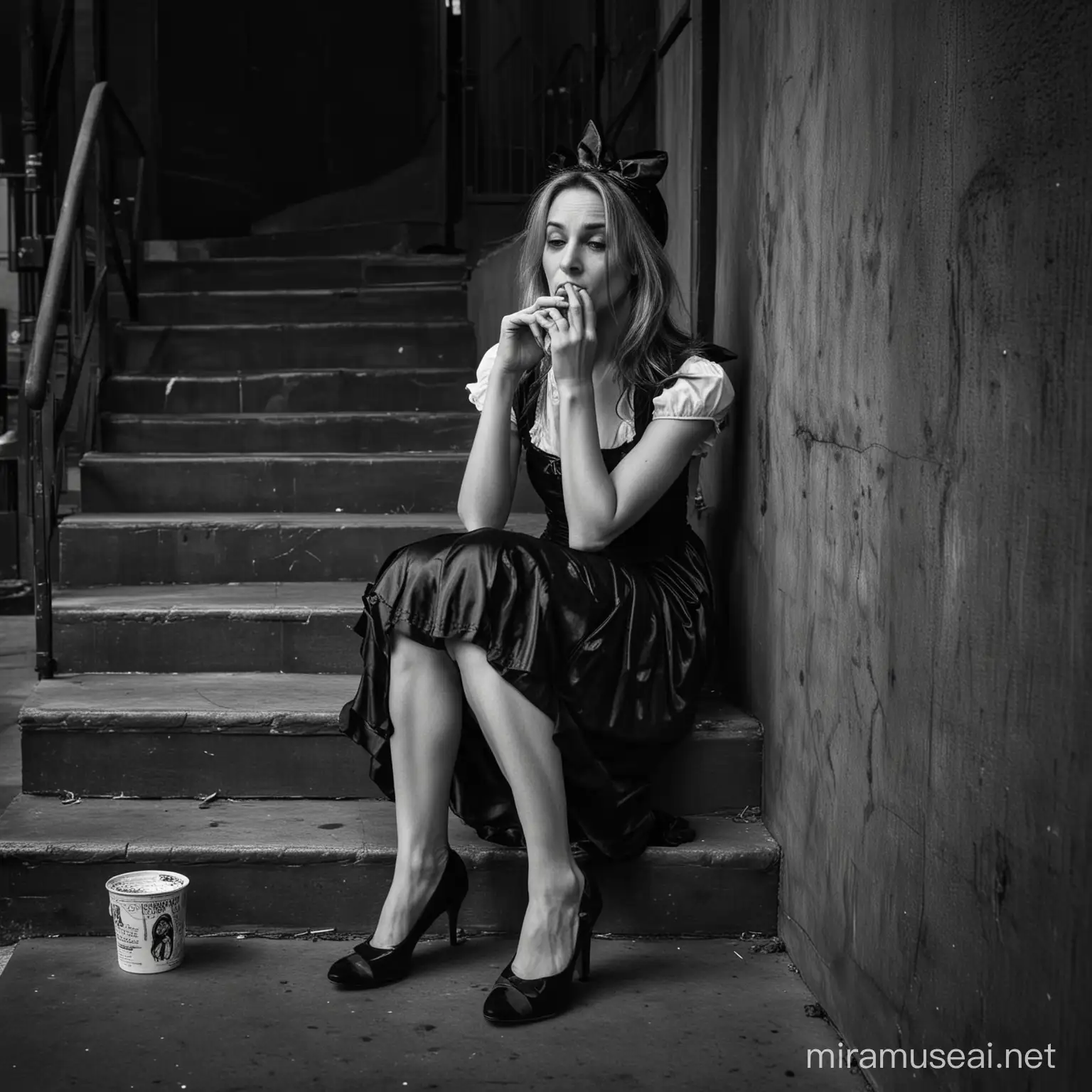 a sad lady about 40 years old, full length portrait, smoking and seating in skid row, dressed like alice in wonderland, dark light, dramatic mood.