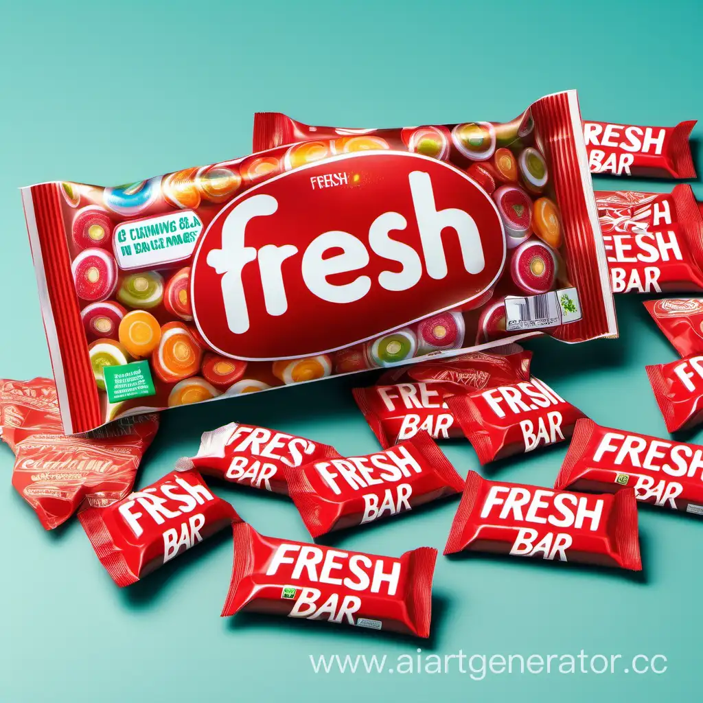 большая упаковка с жевательными конфетами внутри со вкусом газировки и надписью бренда Fresh Bar