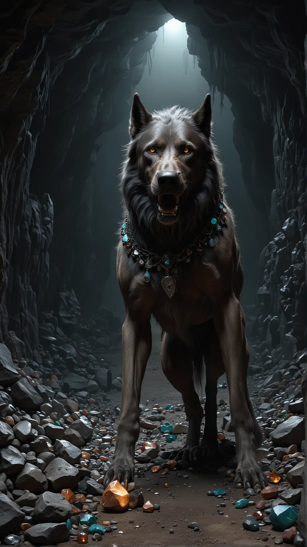 dark horror style, Psoglav as werewolf with horse hind legs and human torso and dog's head, dark cave with plenty of gemstones on background, night, hyper-realistic, photo-realistic