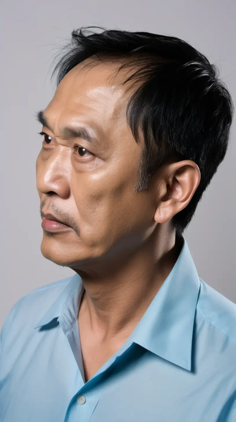 a south east asian man, in his 50s, very short thi sleek black hair , round full slightly face, wearing light blue shirt, facing left side profile, up to his chest shoot, half face side profile,mad expression, half side