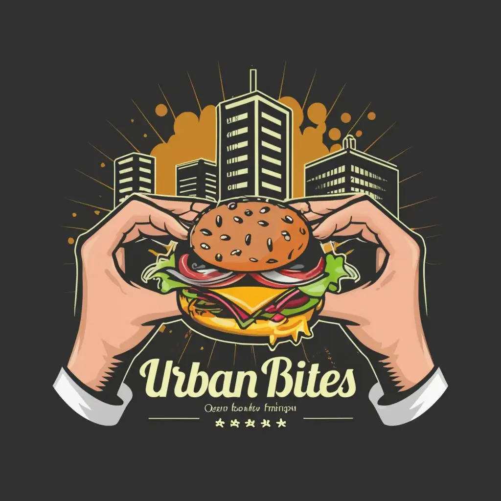 logo, two hands holding the logo name with burger and buildings in the background retro style, with the text "Urban Bites", typography, be used in Restaurant industry