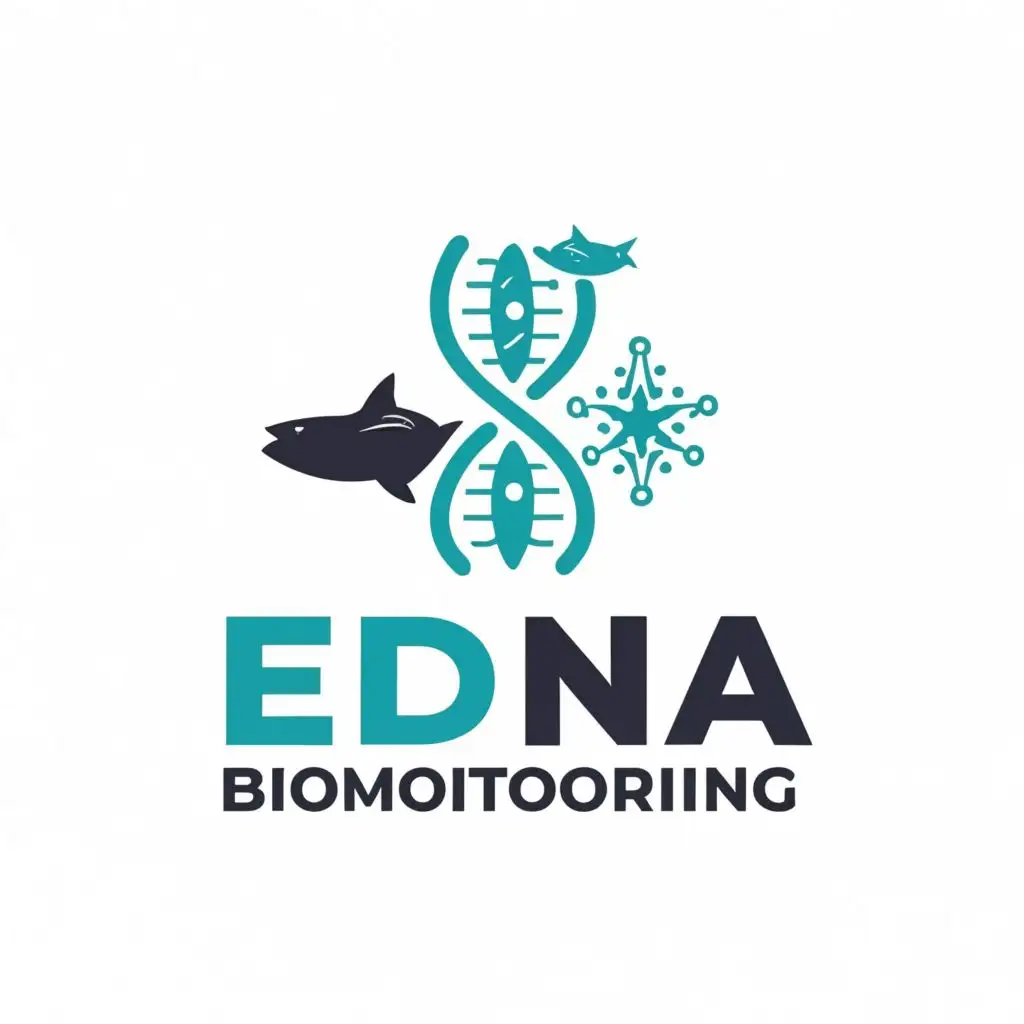 logo, DNA with fishes and sea star in blue and teal with white background, with the text "eDNA biomonitoring", typography, be used in Technology industry