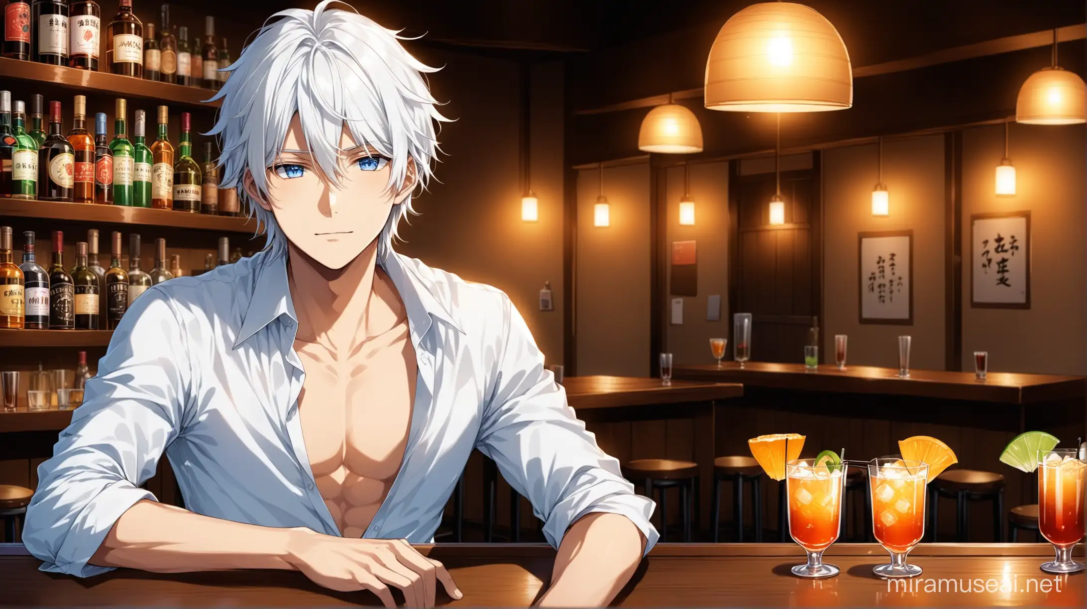 Imagines moi une scène digne d'un animé japonais.
Dans un petit bar à l'ambiance intimiste, un garçon aux cheveux blanc ébouriffés et aux yeux bleus , portant une chemise un peu ouverte dans le col.
Sur la table ou il est installé se trouve 2 petits cocktails.  