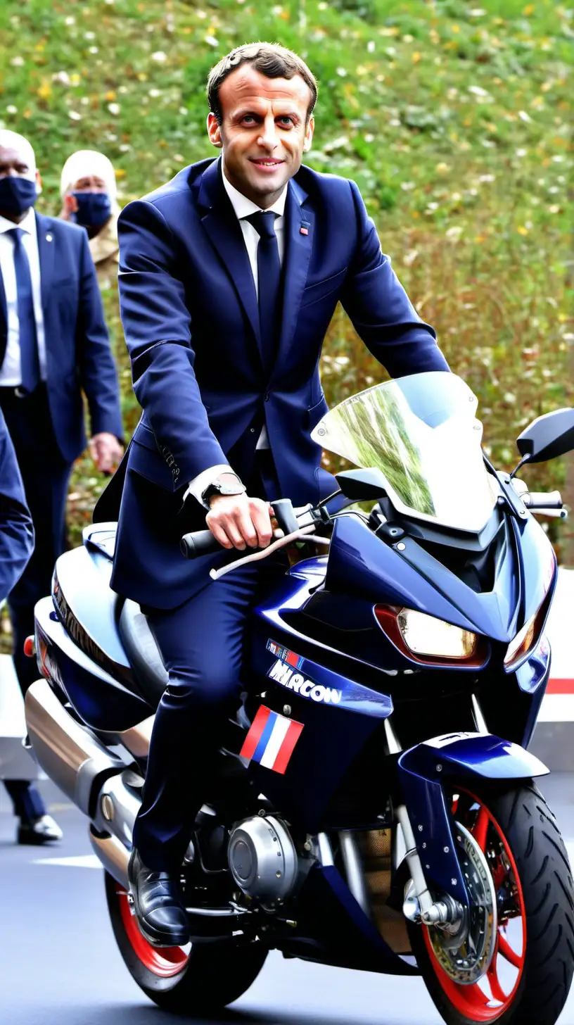 French President Emmanuel Macron Riding a Large Motorcycle