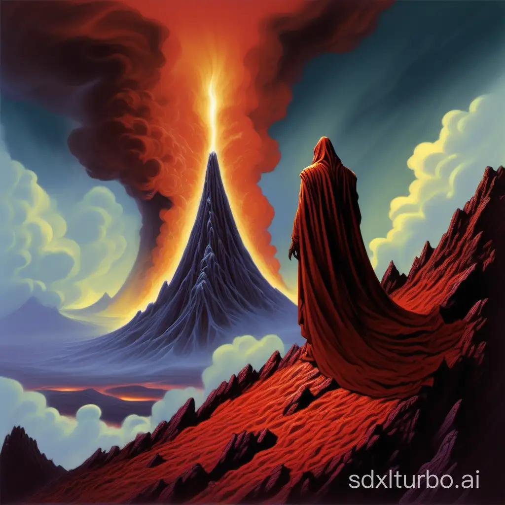 tall elongated creature wearing a flowing robe atop a volcano in the style of michael whelan