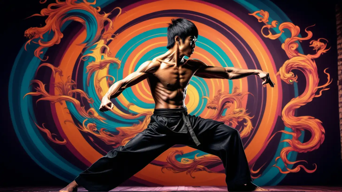 Dynamic Kung Fu Pose Asian Martial Artist in Psychedelic Art Style