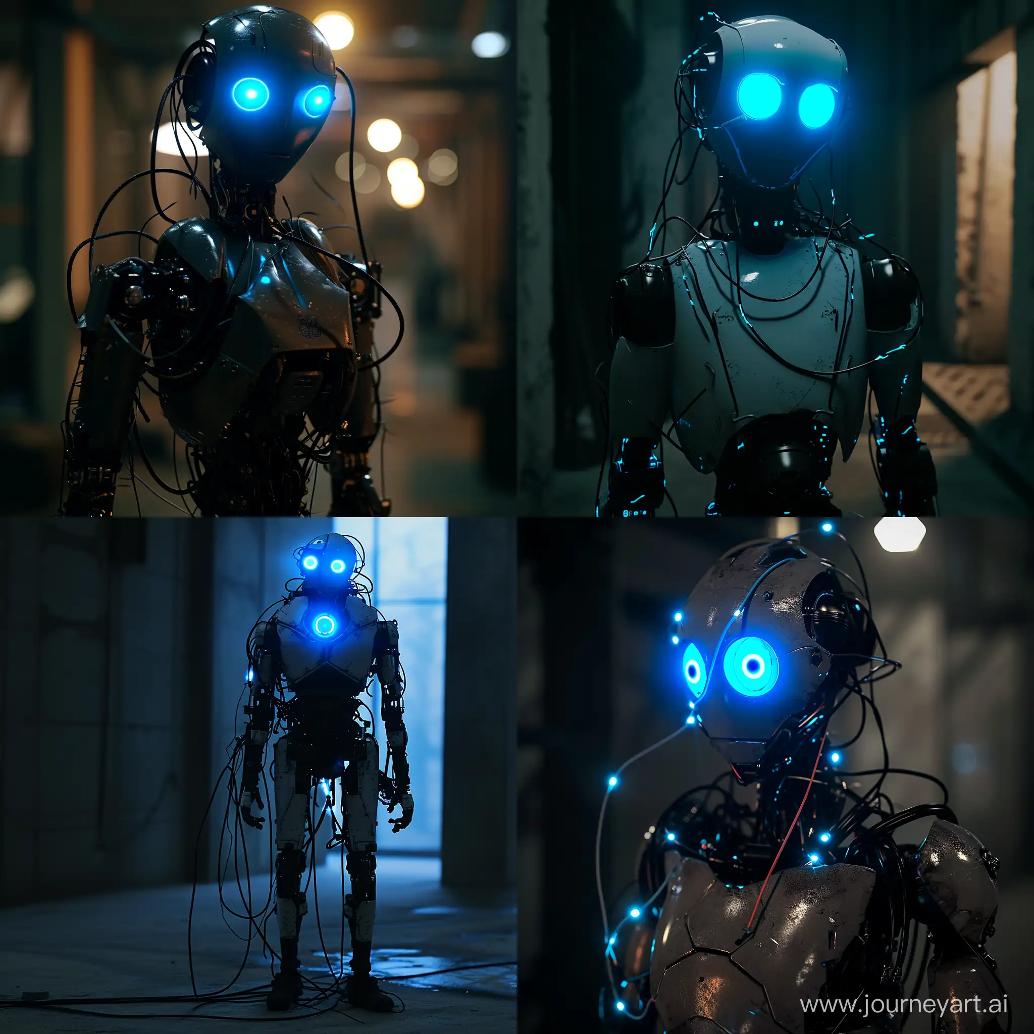 A robot with glowing blue eyes and wires connected to it stands in a dark room, 8K