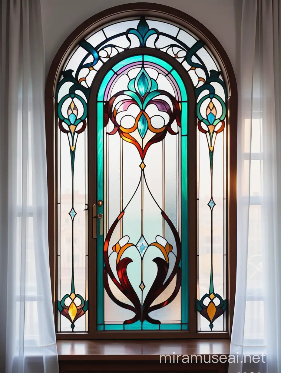 витражная ниша тиффани в стиле ар нуво  из цветного стекла на фоне штор из белой органзы 