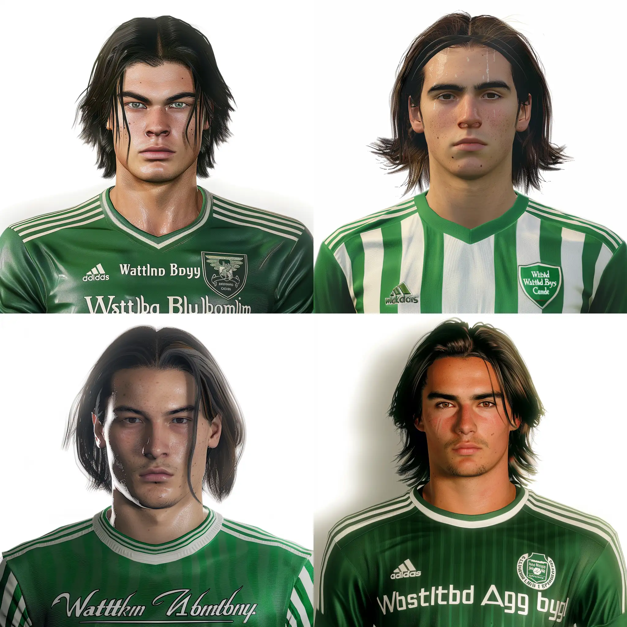 Ultra Realistic team profile photo of 16 year old football player for Waltham Abbey Football Club. Green white striped football jersey. The person is is from England and has white skin. Shoulder long dark straight hair, back-slick and unkept Has an air of arrogance. picture from a facepack from Football Manager 23.
