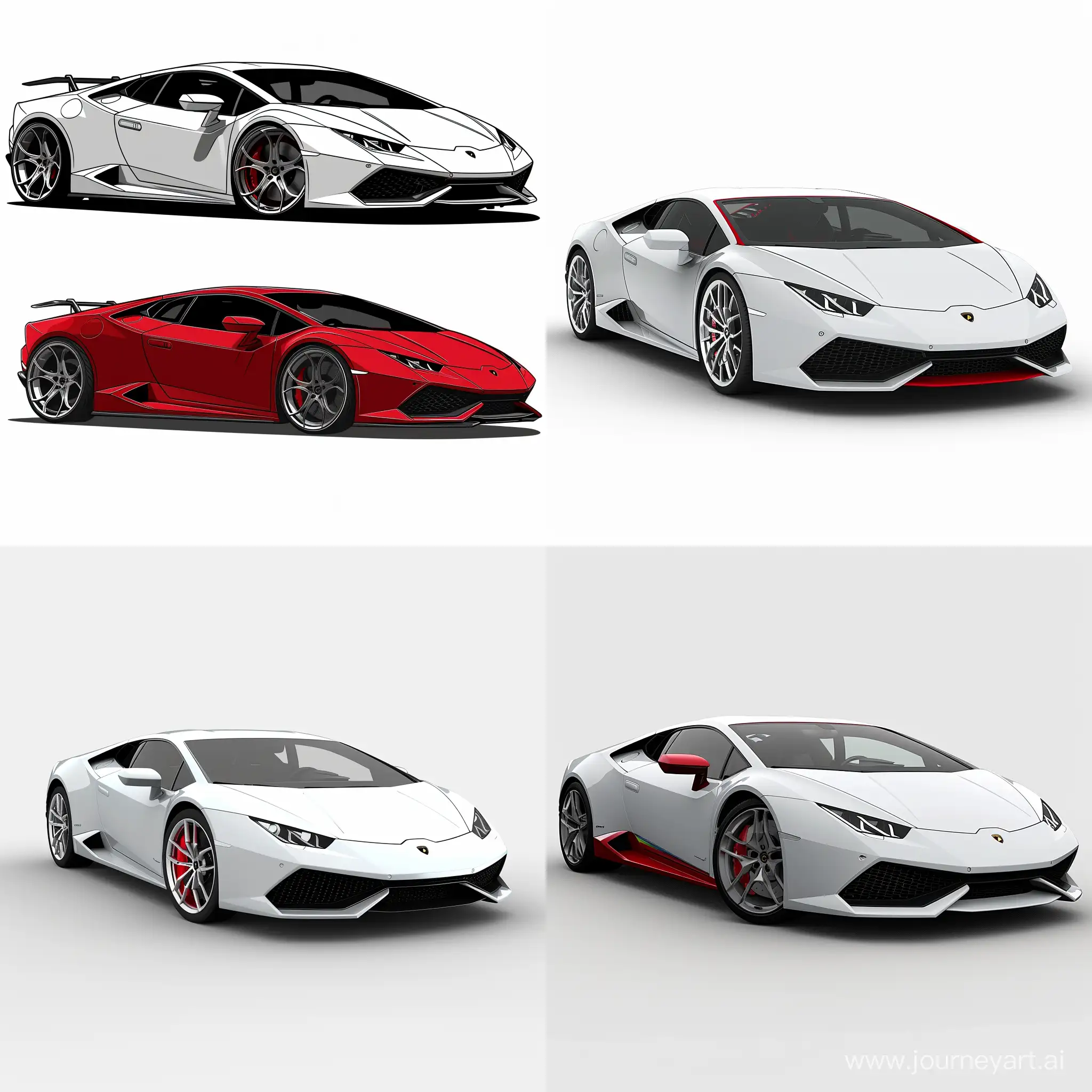 Minimalism 2D Illustration Car of 2/3 View, Lamborghini Huracan: White Color & Red Body Details, Simple White Background, Adobe Illustrator Software, High Precision
