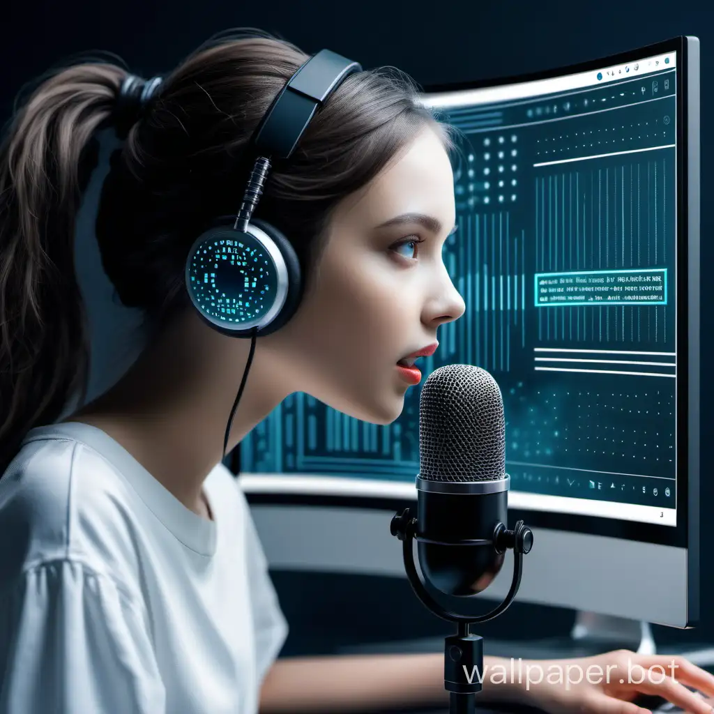 voice assistant AI in the frame girl, microphone, code, monitor