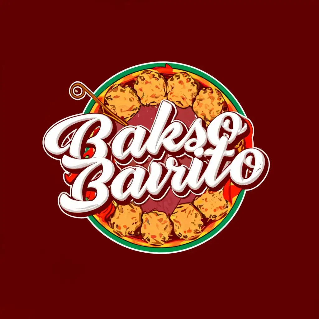 a logo design,with the text "Bakso Barito", main symbol:5 meatballs, bowl, noodles, chili sauce, and a spoon outside bowl,Moderate,clear background