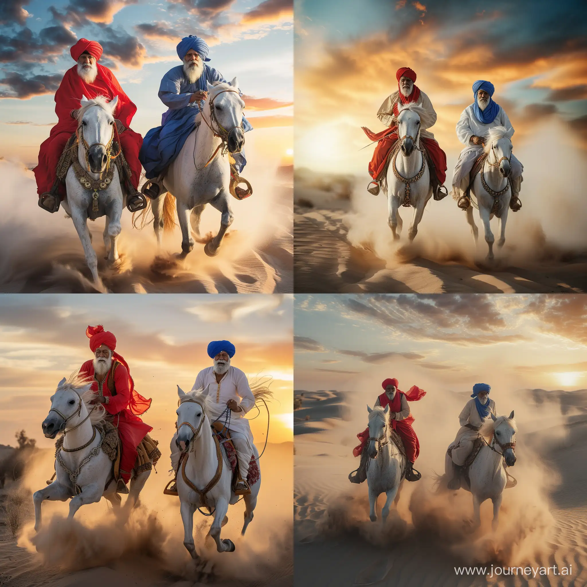 Elderly-Rabari-Riders-in-Red-and-Blue-Turbans-Galloping-Through-Desert-Sunset
