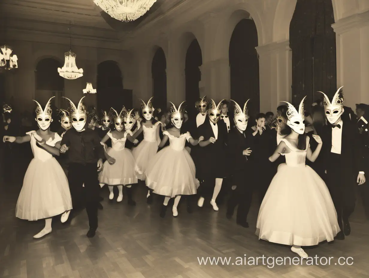 Students of the Catholic boarding school dance at the Christmas ball in Venetian masks.
