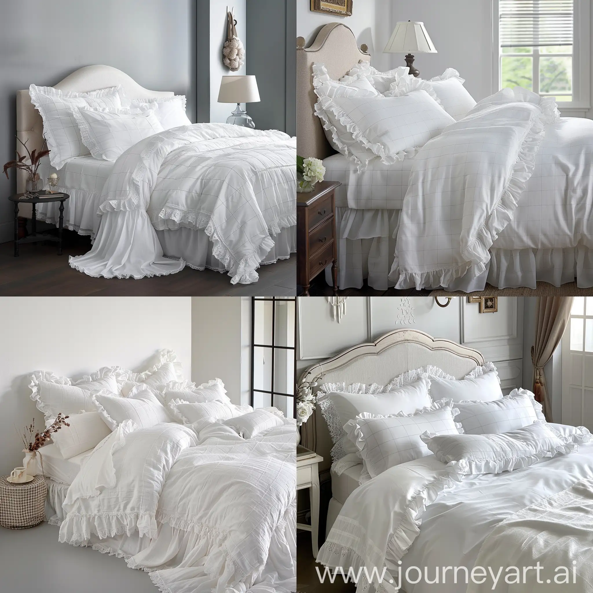 Explore an exquisite collection of white bedding, each piece emanating an aesthetic of ethereal romance. This is more than just a bedding set; it is a longing for a beautiful life, with each piece meticulously designed to blend tradition with modernity. The bed skirt, with its delicate lace edges, showcases unparalleled elegance and charm. Within the four-piece set, the duvet cover and sheets are made from soft fabric adorned with exquisite plaid, simple yet stylish. The pillowcase features a ruffled edge, adding a touch of softness and finesse that captivates at first glance. Each product represents a pursuit and interpretation of beauty, aiming to bring a breath of freshness and romance to your bedroom space.