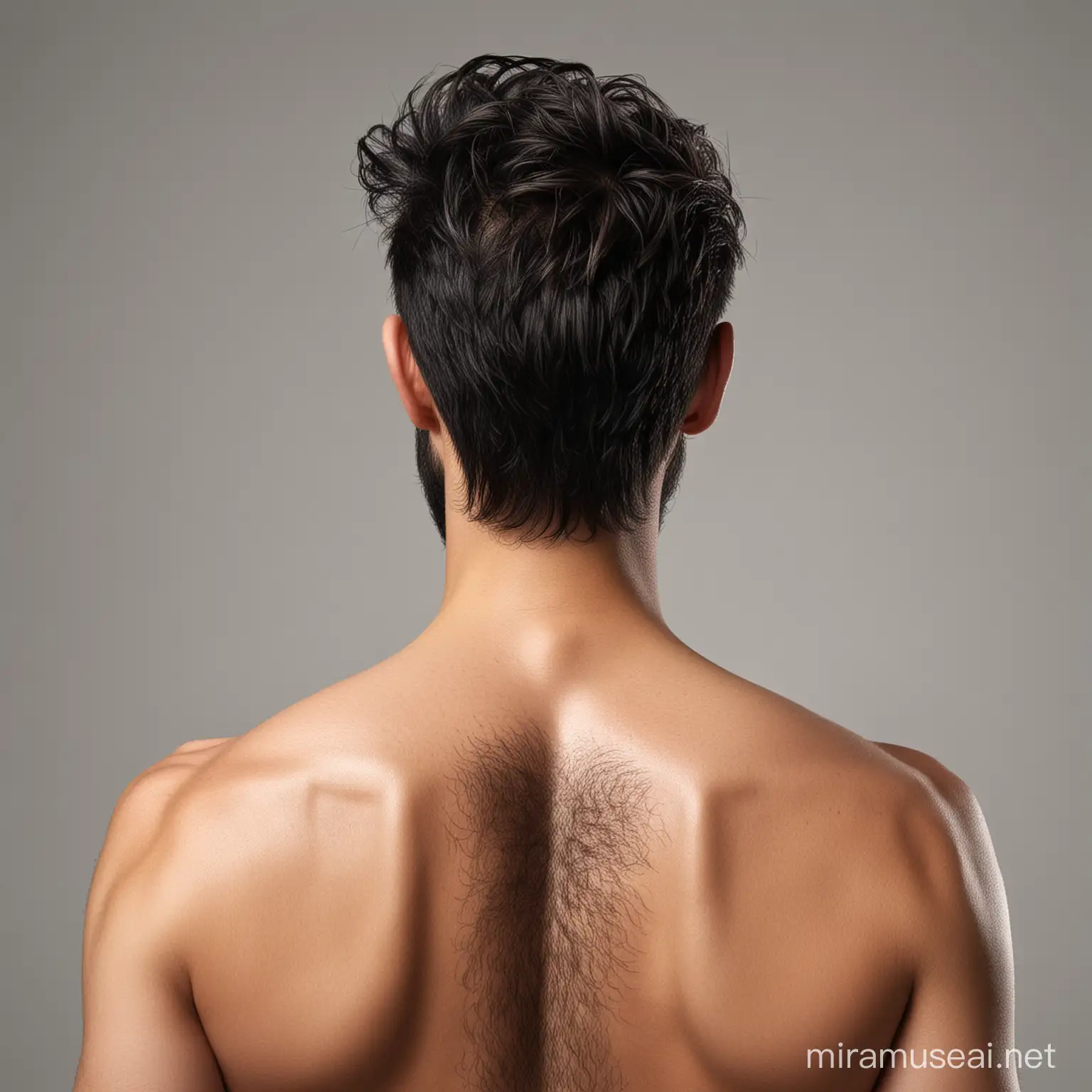 face, seen completely from the back, you can see the hair on the back of him, man 30 years old, dark-brown eyes, with beautiful medium-long black hair, with a beautiful medium-long beard, hyper realistic, white background, perfect lighting