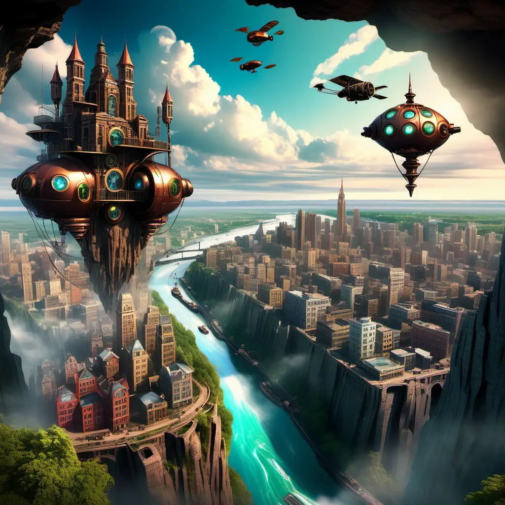 Steampunk Cityscape with Ethereal View from Rock Outcropping