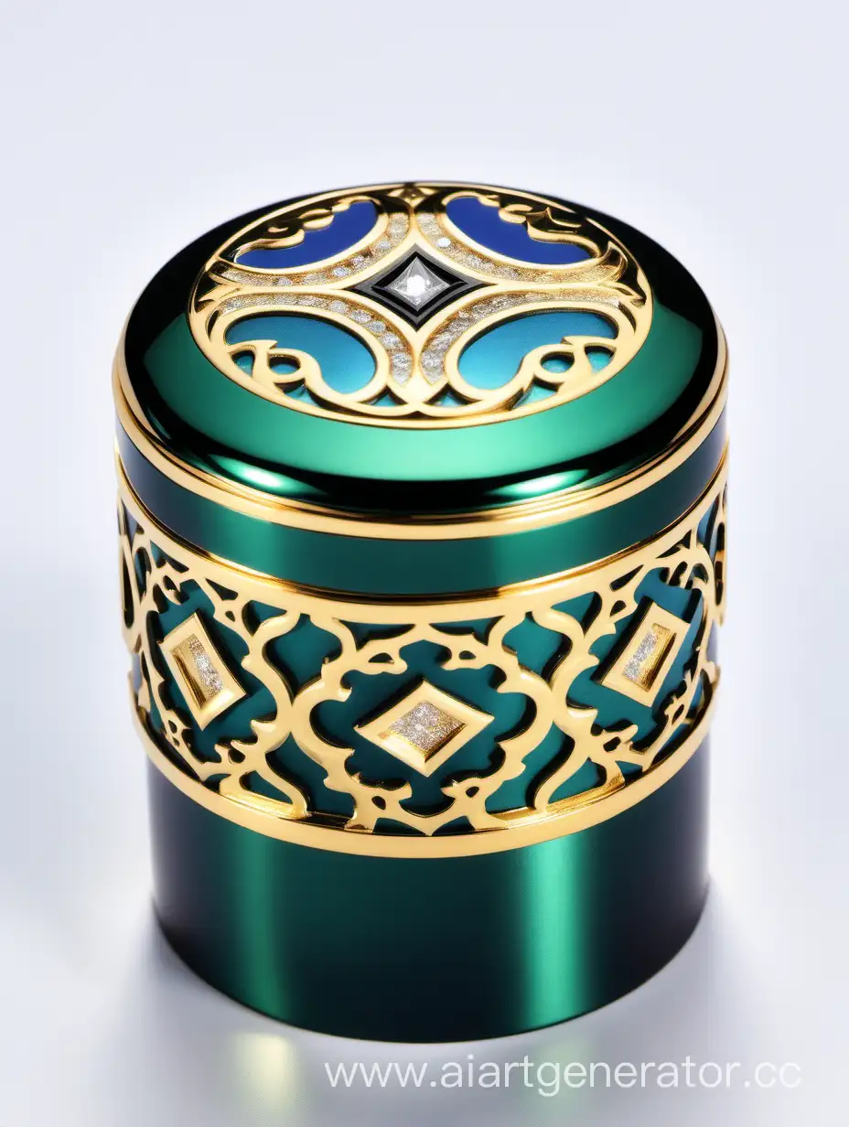 Luxury Plastic Perfume decorative ornamental long double height cap, gold color with black and dark green blue border line arabesque pattern round shaped metallizing finish with diamond on top