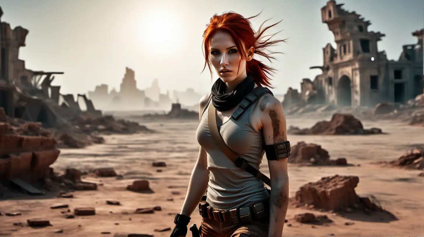 A cinematic and professional image ofyoung beautiful women with red hair dressed in the style of Tomb Raider, standing on an alien desert planet with a ruined historic city, sunrise, captured with a Nikon Z 9, using a Nikkor Z 24-70mm f/2.8 S lens with a mix of natural light for the sunrise and strategically placed LED panels for highlighting the armor's details and the desert landscape 