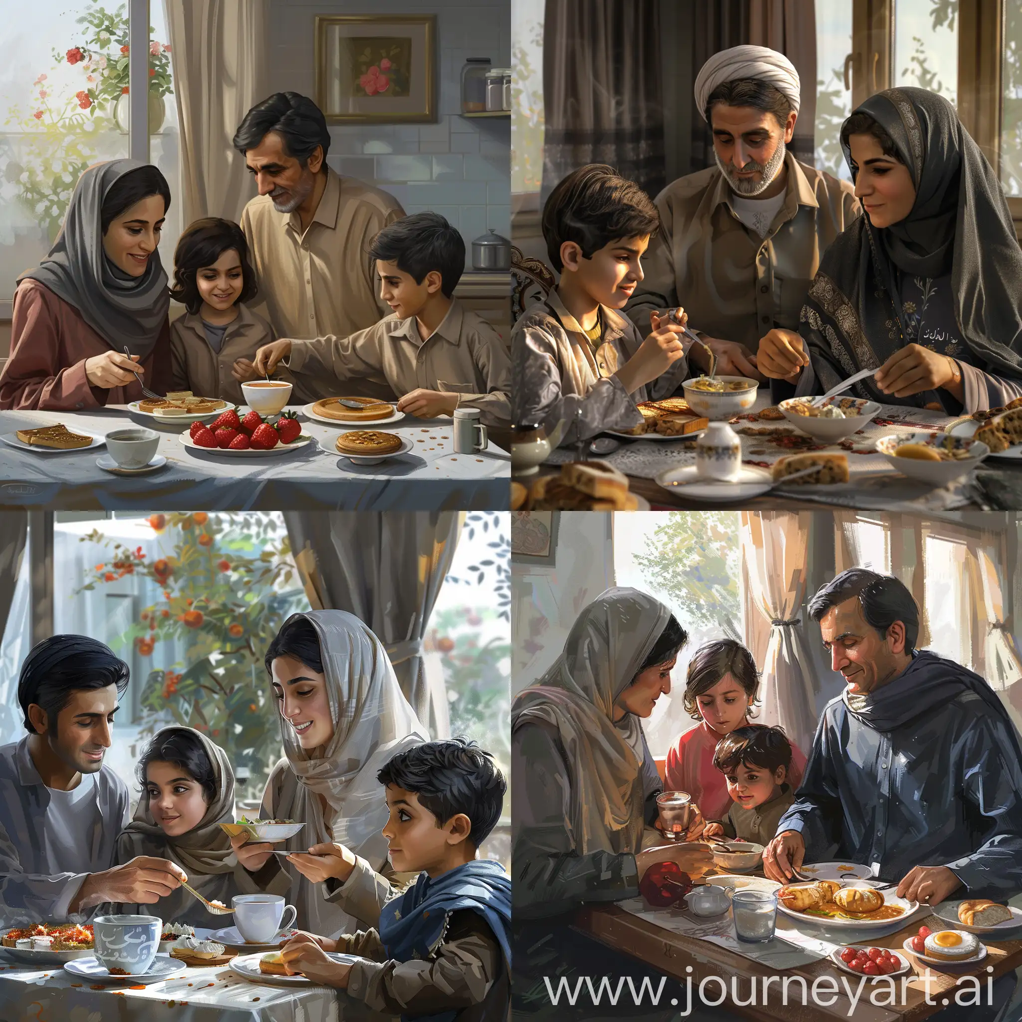 an Iranian family of four, a daughter and son, eating breakfast together, realistic, highly detailed, high quality