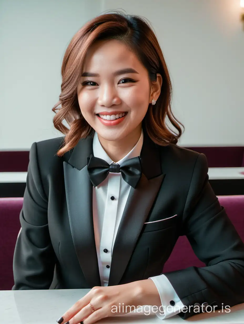  A stunning and cute and sophisticated and confident malaysian woman with shoulder length hair and  lipstick wearing a black tuxedo with a black jacket.   Her shirt is white with black cufflinks and a (black bow tie) and (black pants). SShe is sitting at a table. She is laughing and smiling.  She is relaxed. Her jacket is open.  You can see her cufflinks.  
