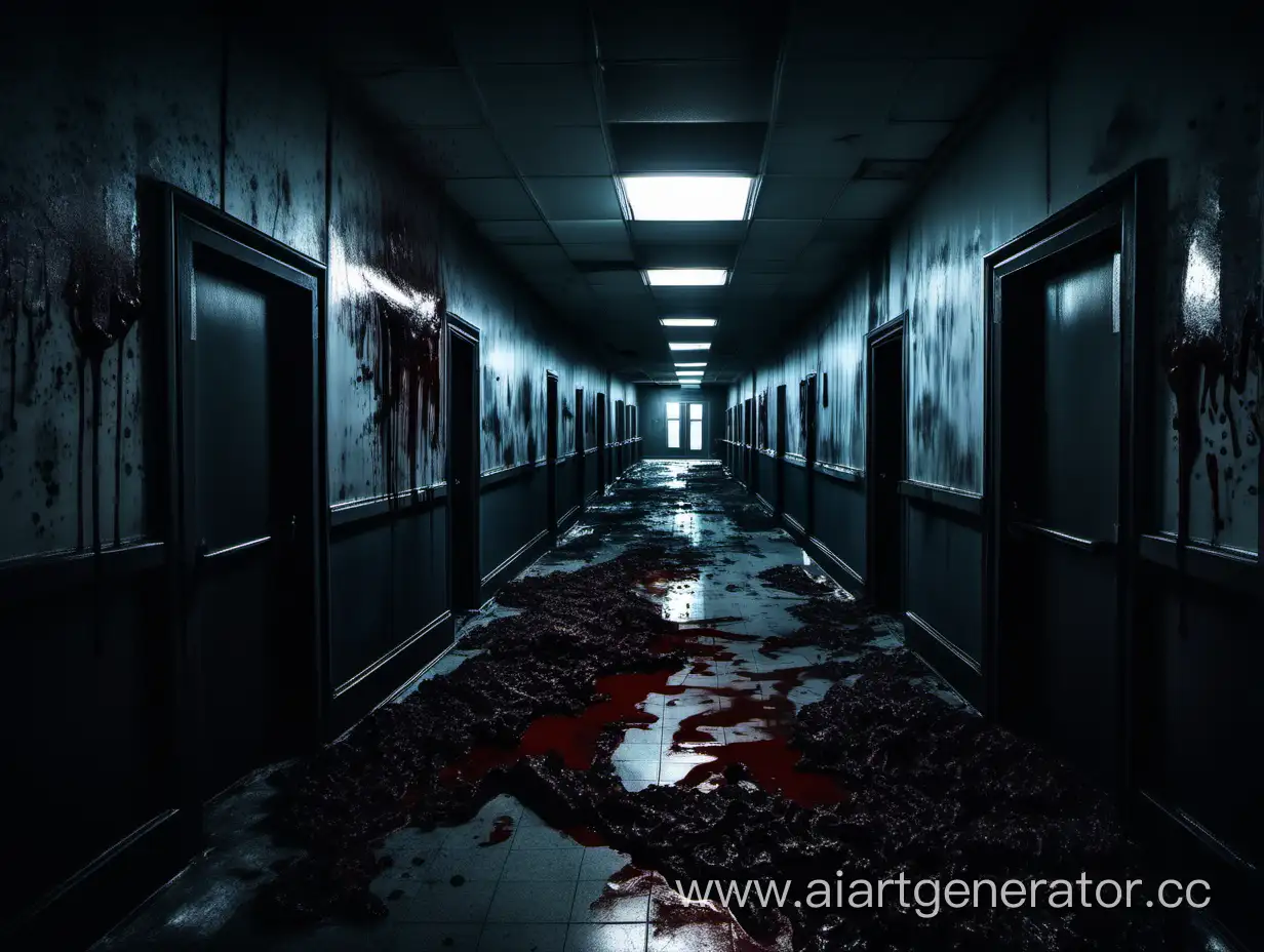 dark destroyed corridor in a science laboratory, cold dim light, a lot of blood on the walls, a dark silhouette at the end of the corridor